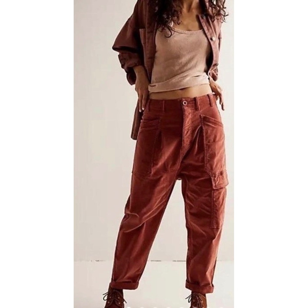 Free People Rust Orange Corduroy Cargo Tapered Pants High Rise Womens Size S